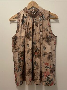 Floral High-Neck Sleeveless Blouse in Beige